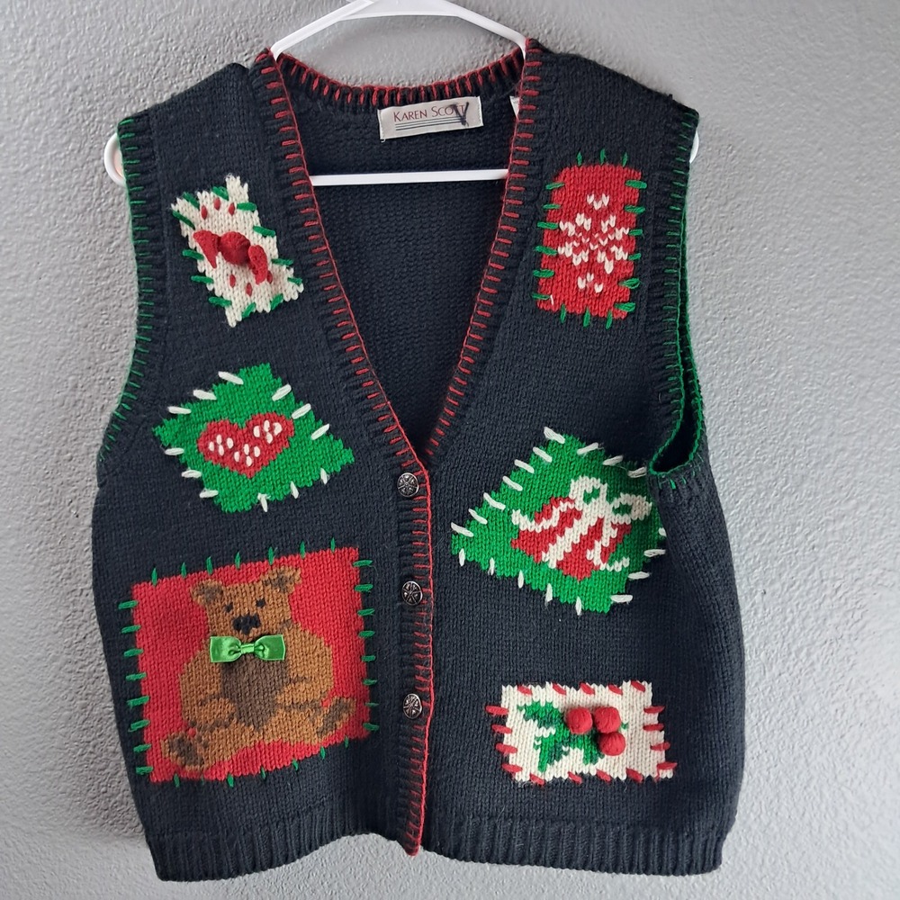 Karen‎ Scott Ugly Christmas Sweater Vest Holiday Novelty Knit Patches Size M